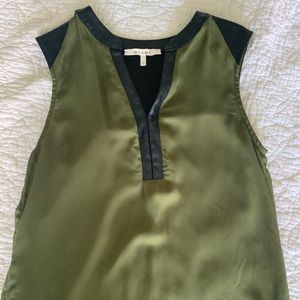 Olive Green Top with Faux Leather Trimming